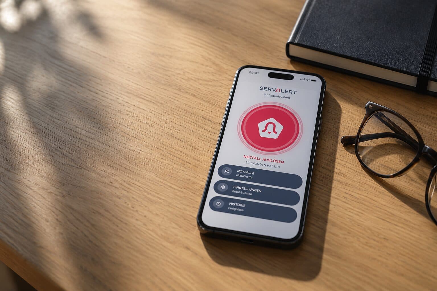Notfallknopf und Smartphone mit ServAlert-App auf Eichenholz